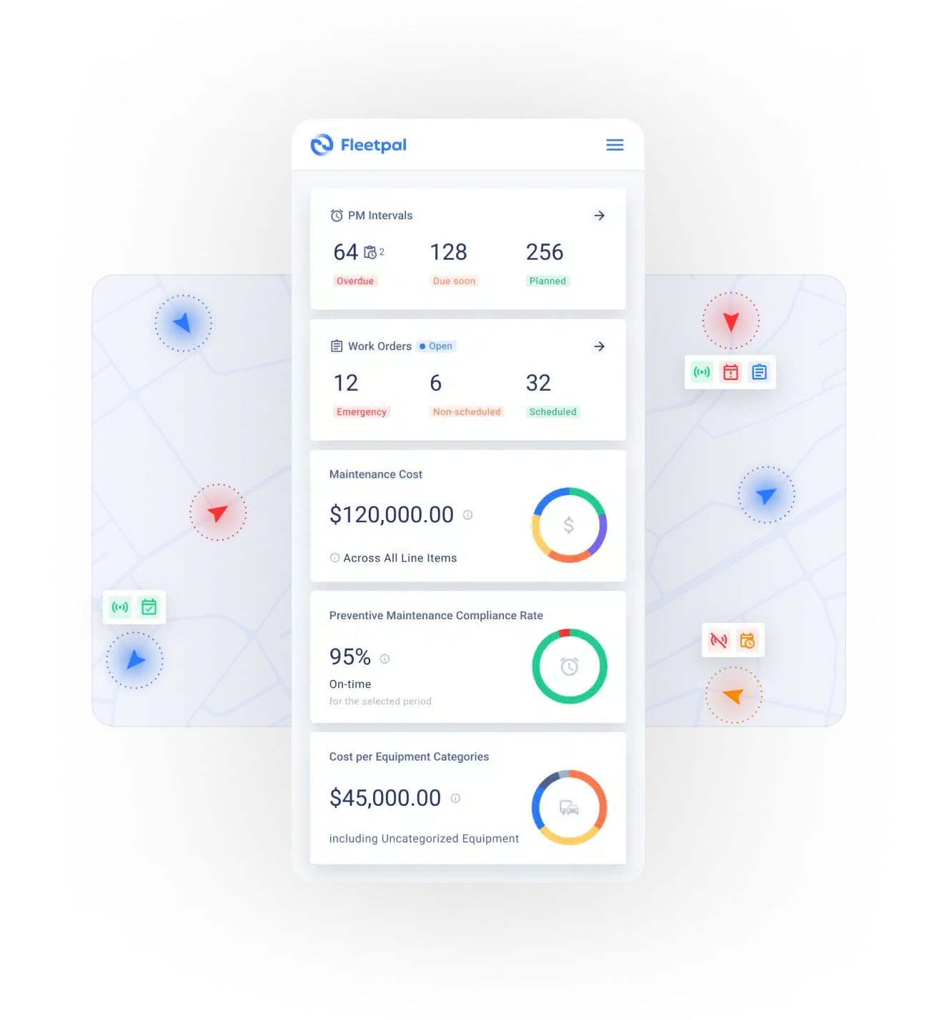 Fleetpal Fleet Maintenance Software On A Mobile Device Over A Map With Trucks Showing Issues